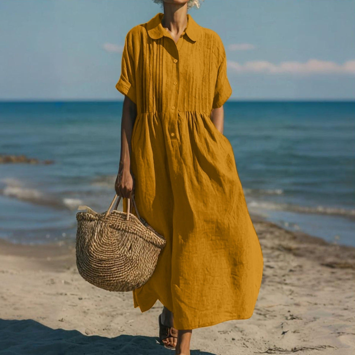 Women's White Dress | Maxi Shirt Collar Pintuck Button