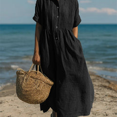 Women's White Dress | Maxi Shirt Collar Pintuck Button
