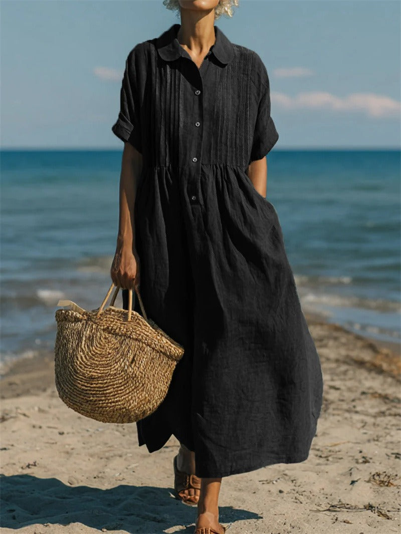 Women's White Dress | Maxi Shirt Collar Pintuck Button