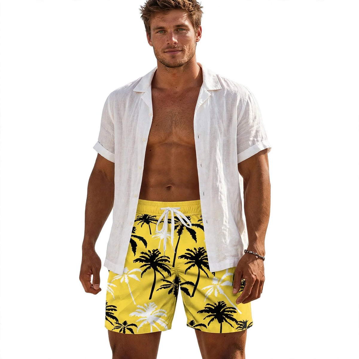 Men's Shorts | Palm Print Elastic Drawstring Relaxed Fit