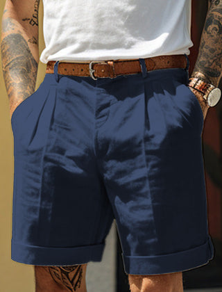 Men's Linen Shorts | Pleated Flat Front Rolled Hem Cotton
