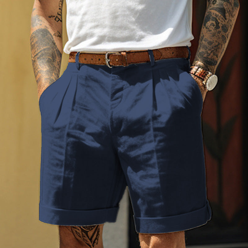 Men's Linen Shorts | Pleated Flat Front Rolled Hem Cotton