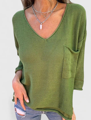 Women's Top | V-Neck Long Sleeve Knit Pocket