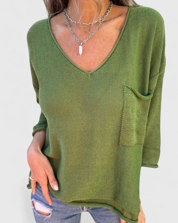 Women's Top | V-Neck Long Sleeve Knit Pocket