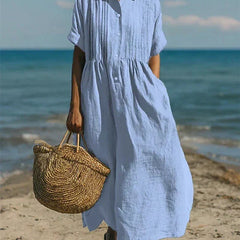 Women's White Dress | Maxi Shirt Collar Pintuck Button