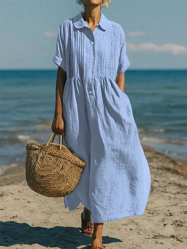 Women's White Dress | Maxi Shirt Collar Pintuck Button