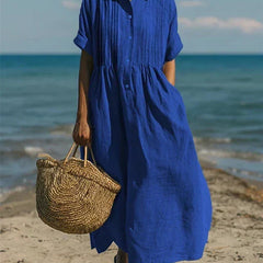 Women's White Dress | Maxi Shirt Collar Pintuck Button