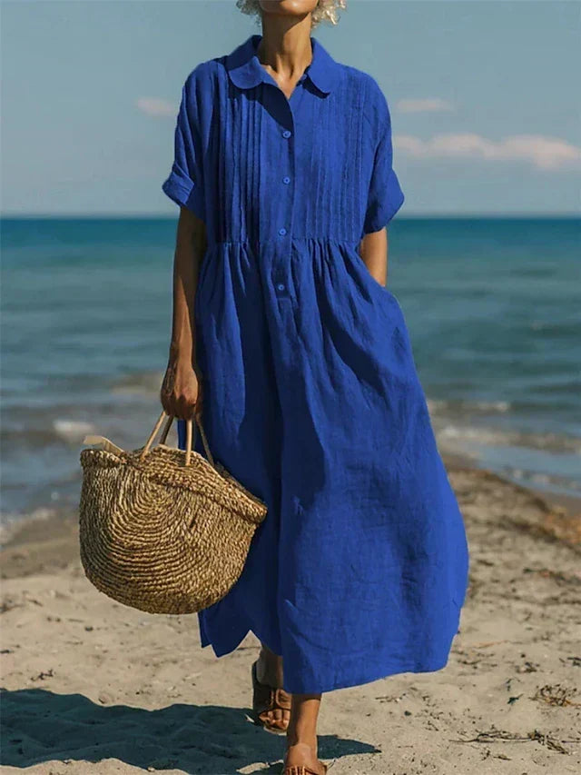 Women's White Dress | Maxi Shirt Collar Pintuck Button
