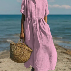 Women's White Dress | Maxi Shirt Collar Pintuck Button