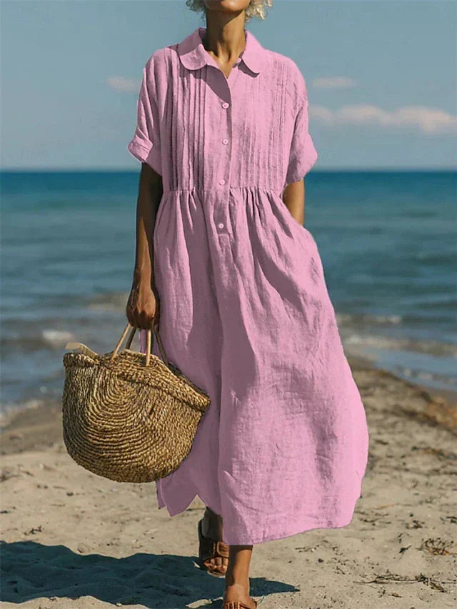Women's White Dress | Maxi Shirt Collar Pintuck Button