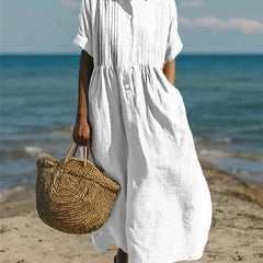 Women's White Dress | Maxi Shirt Collar Pintuck Button