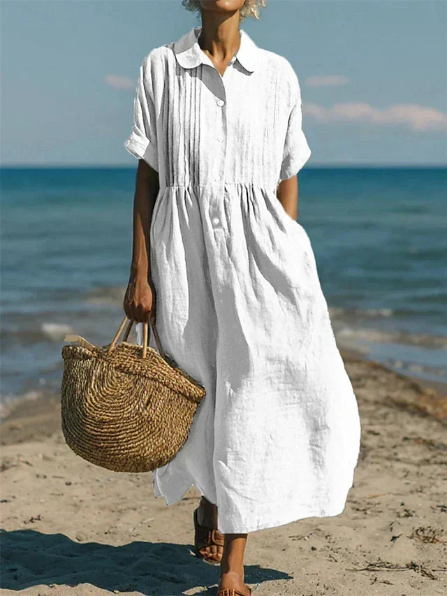 Women's White Dress | Maxi Shirt Collar Pintuck Button