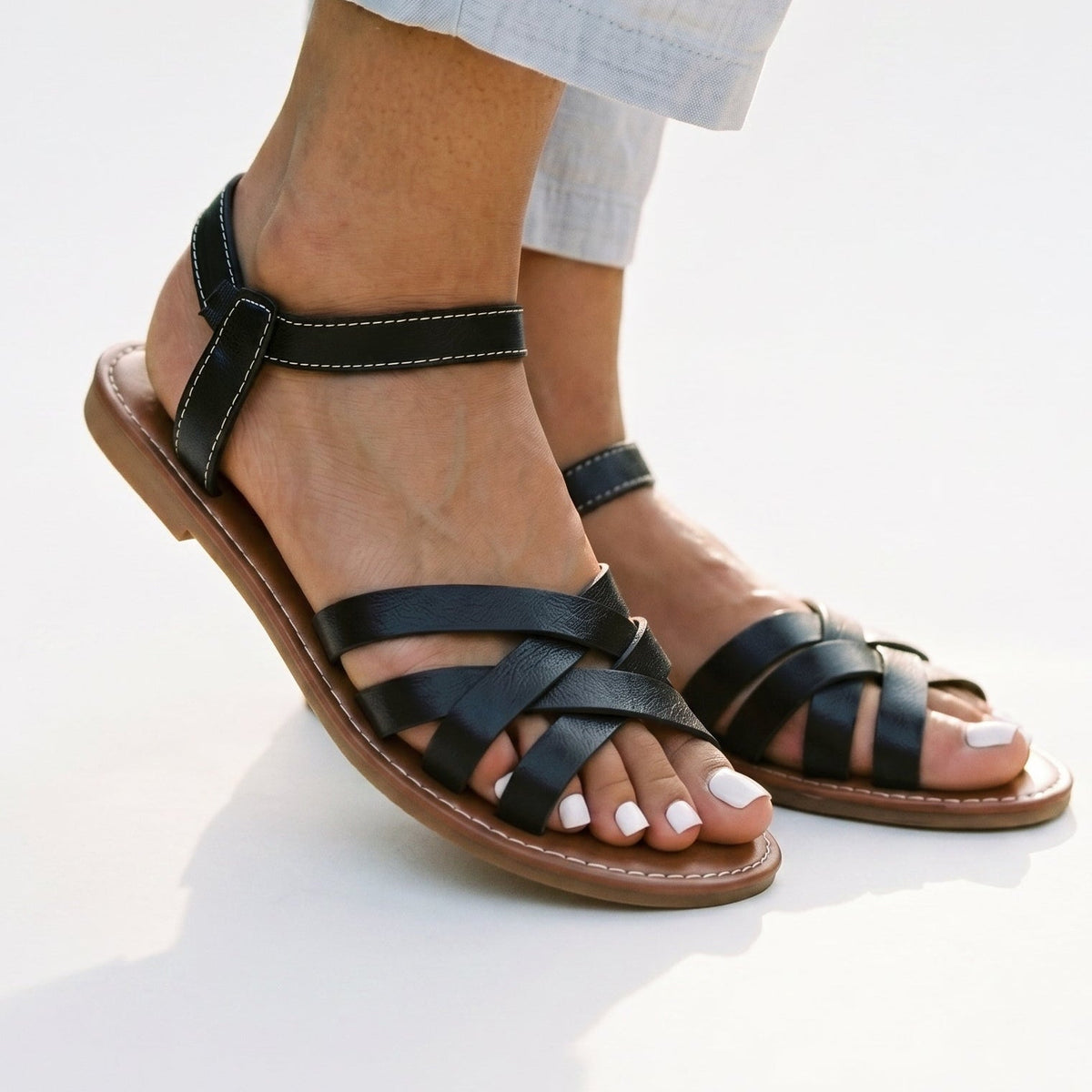 Women's Black Sandals | Strappy Flat Ankle Strap