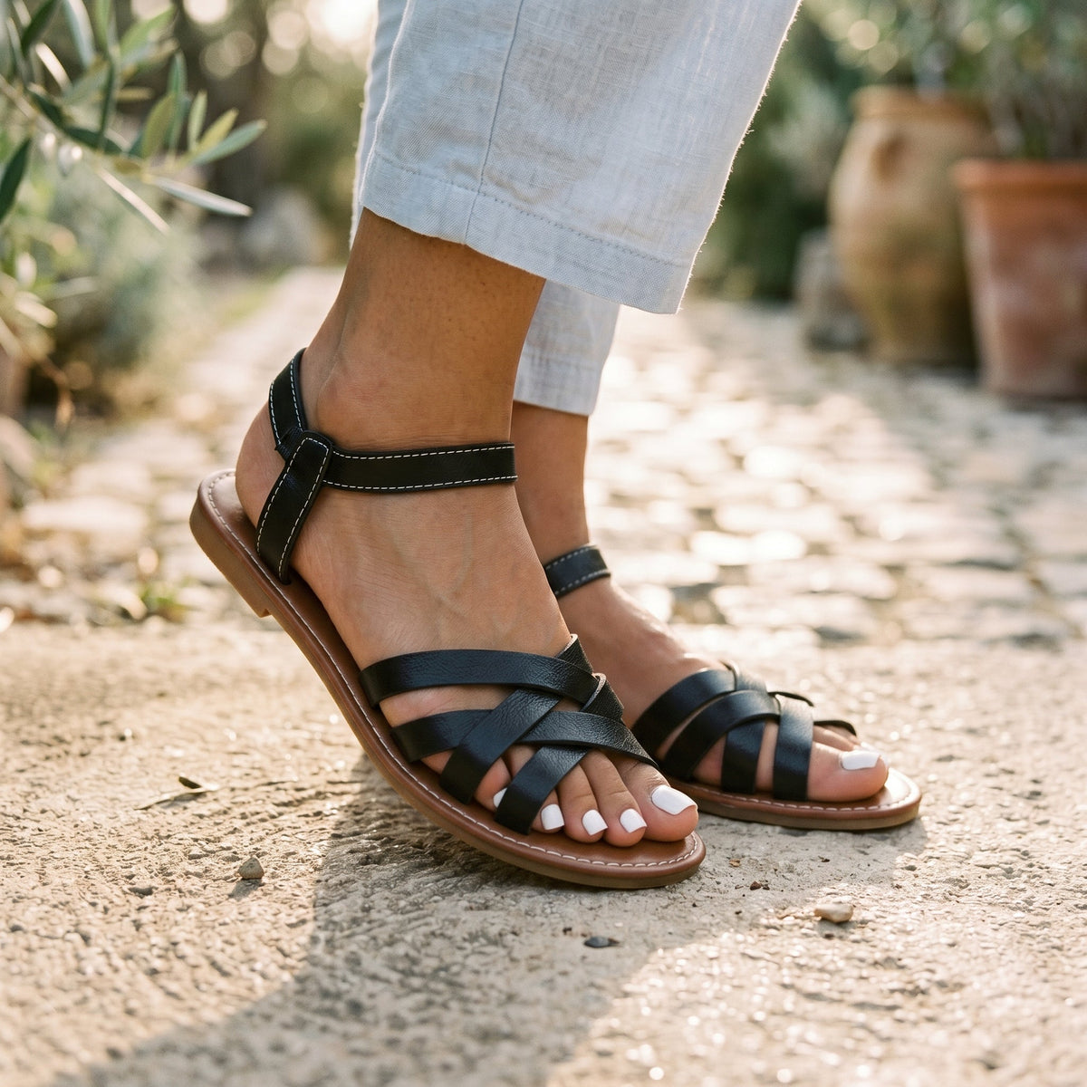 Women's Black Sandals | Strappy Flat Ankle Strap
