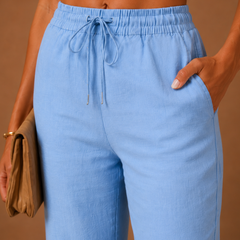 Women's Linen Pants | Relaxed Straight Leg Elastic Waist Rolled Hem