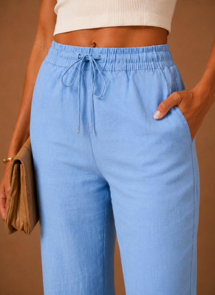 Women's Linen Pants | Relaxed Straight Leg Elastic Waist Rolled Hem