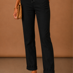 Women's Linen Pants | Relaxed Straight Leg Elastic Waist Rolled Hem