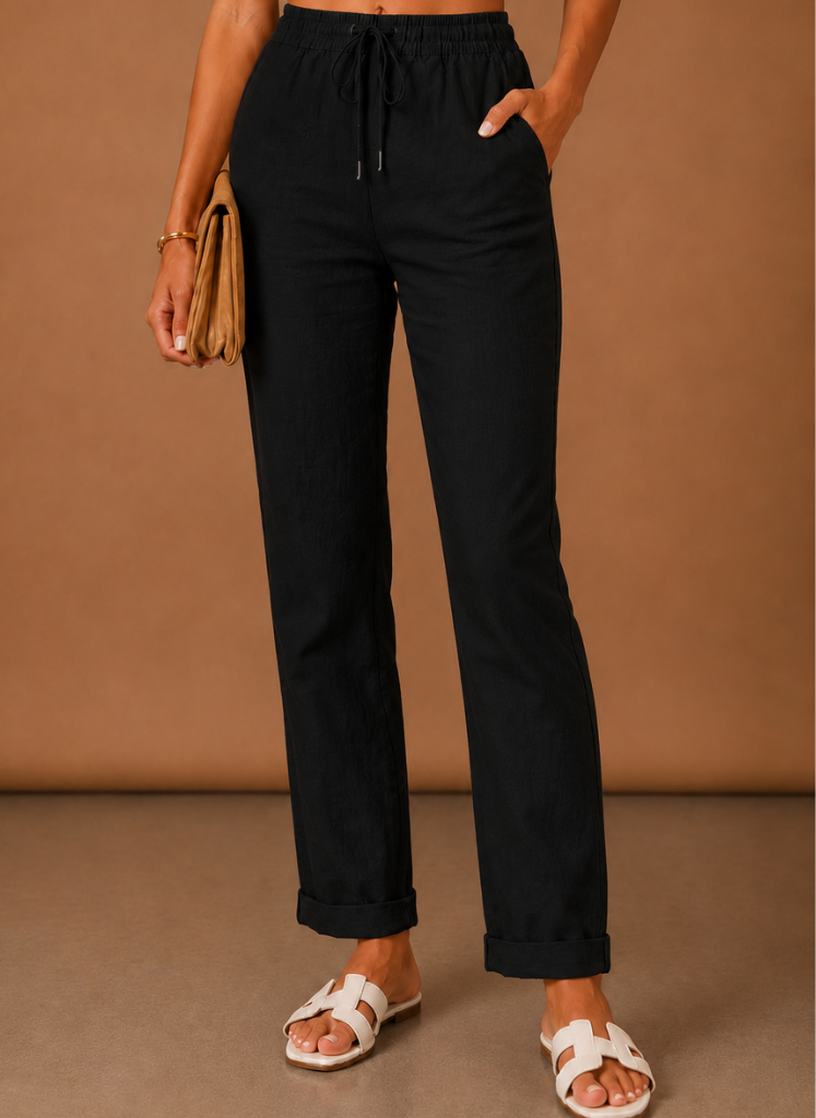 Women's Linen Pants | Relaxed Straight Leg Elastic Waist Rolled Hem