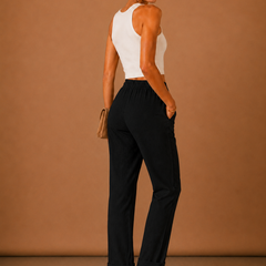 Women's Linen Pants | Relaxed Straight Leg Elastic Waist Rolled Hem