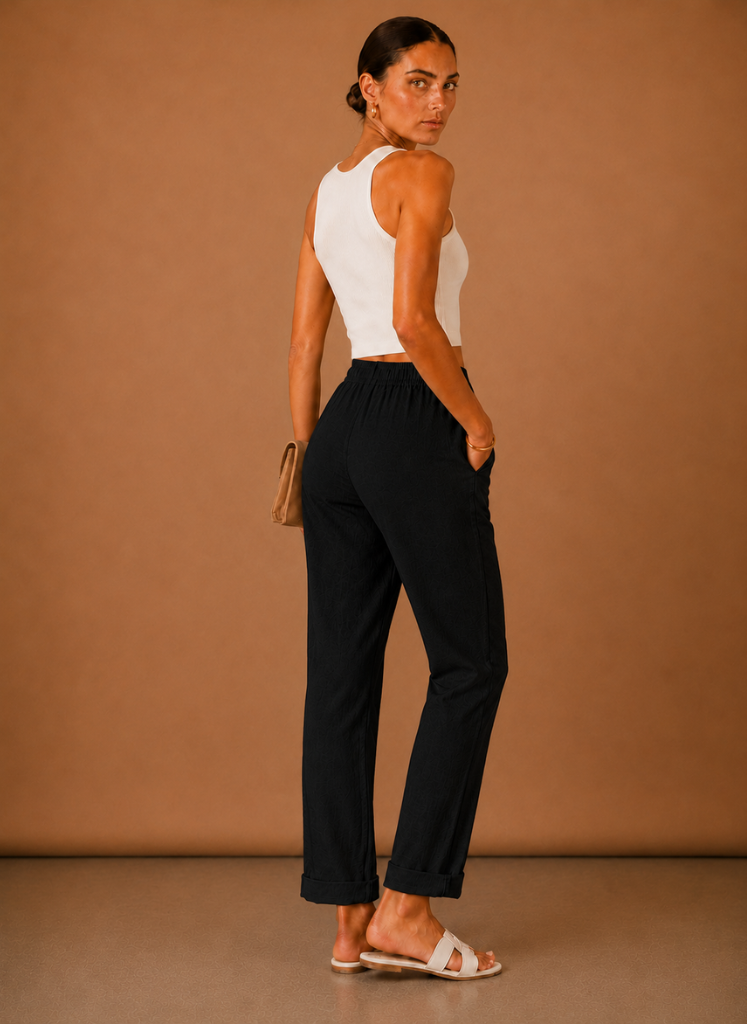 Women's Linen Pants | Relaxed Straight Leg Elastic Waist Rolled Hem