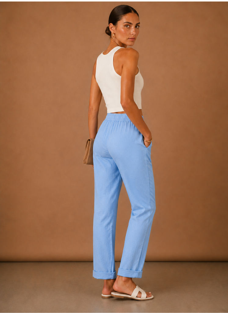 Women's Linen Pants | Relaxed Straight Leg Elastic Waist Rolled Hem