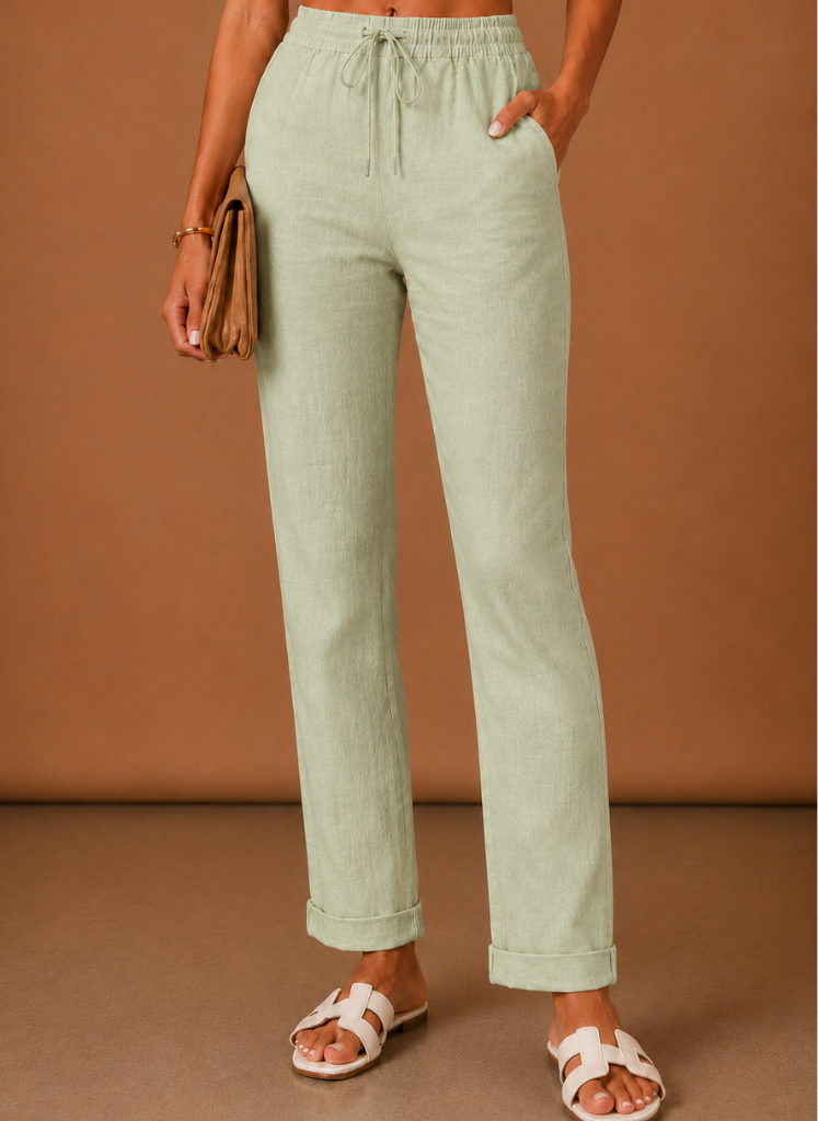 Women's Linen Pants | Relaxed Straight Leg Elastic Waist Rolled Hem