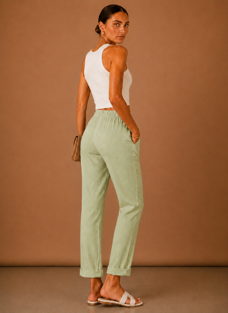 Women's Linen Pants | Relaxed Straight Leg Elastic Waist Rolled Hem