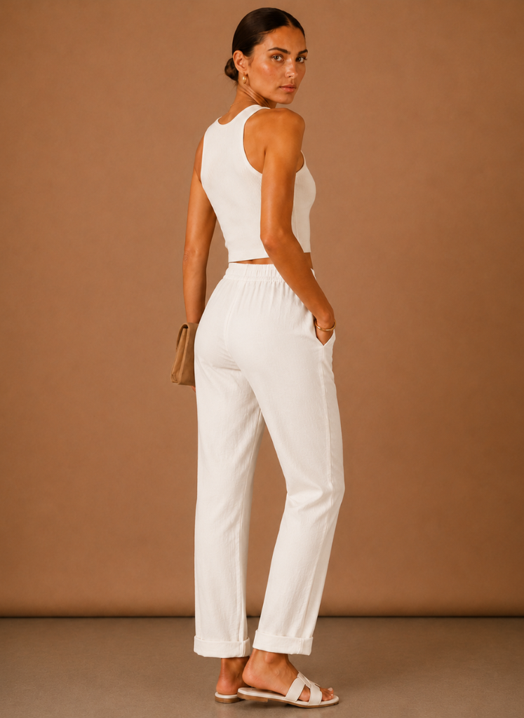Women's Linen Pants | Relaxed Straight Leg Elastic Waist Rolled Hem