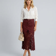 Women's Denim Skirt | Maxi Lace Panel Button Front Scalloped
