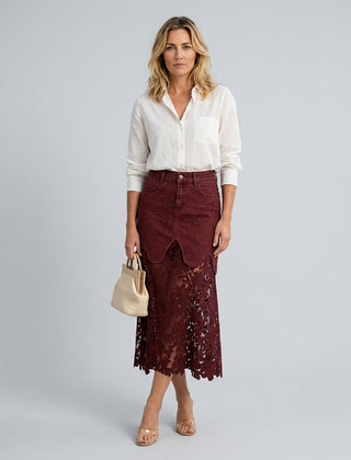 Women's Denim Skirt | Maxi Lace Panel Button Front Scalloped