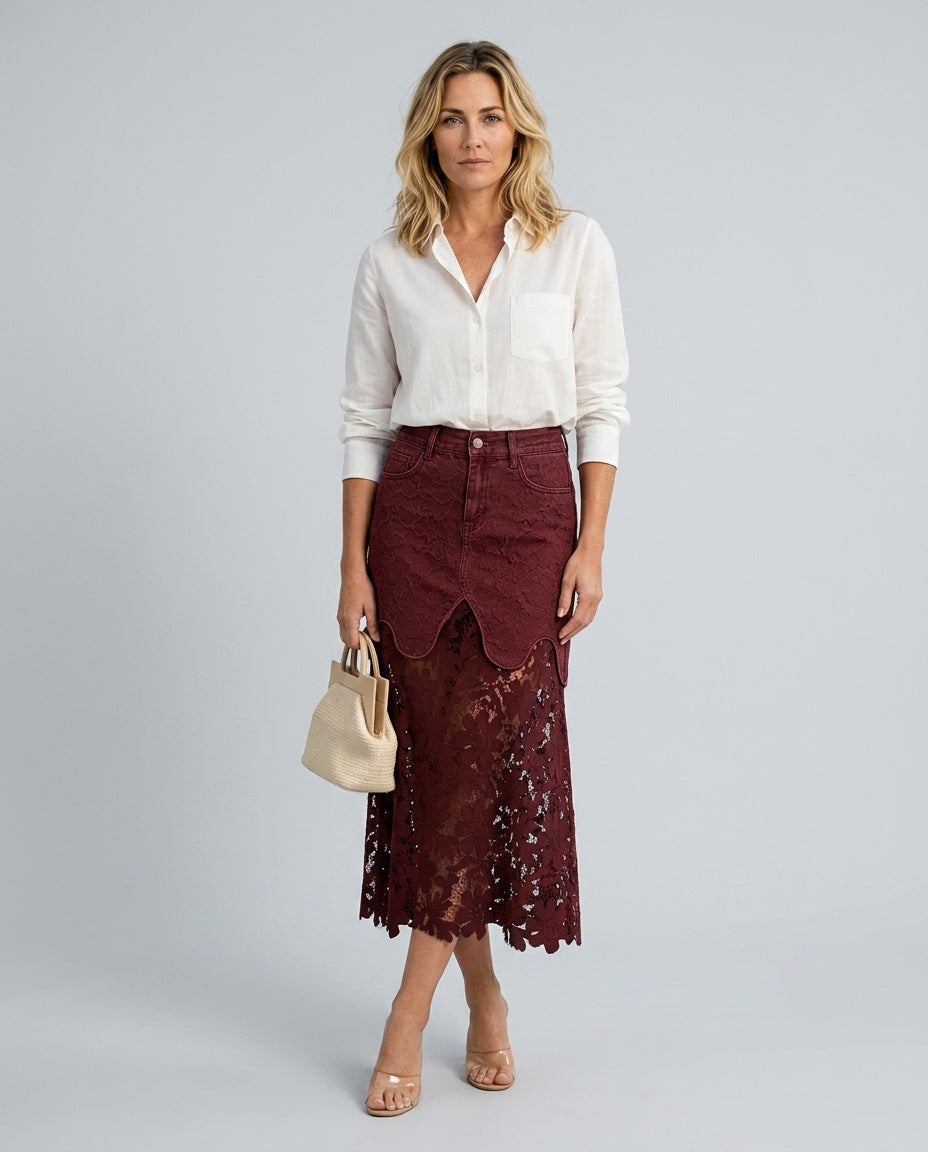 Women's Denim Skirt | Maxi Lace Panel Button Front Scalloped