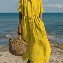 Women's White Dress | Maxi Shirt Collar Pintuck Button