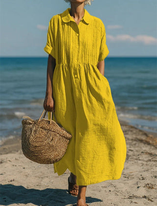 Women's White Dress | Maxi Shirt Collar Pintuck Button