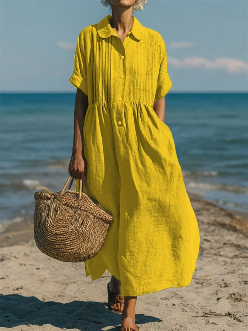 Women's White Dress | Maxi Shirt Collar Pintuck Button