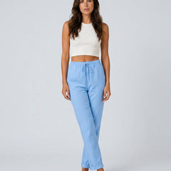 Women's Linen Pants | Relaxed Straight Leg Elastic Waist Rolled Hem
