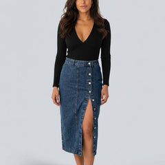 Women's Denim Skirt | Midi Length Button Front High Waist
