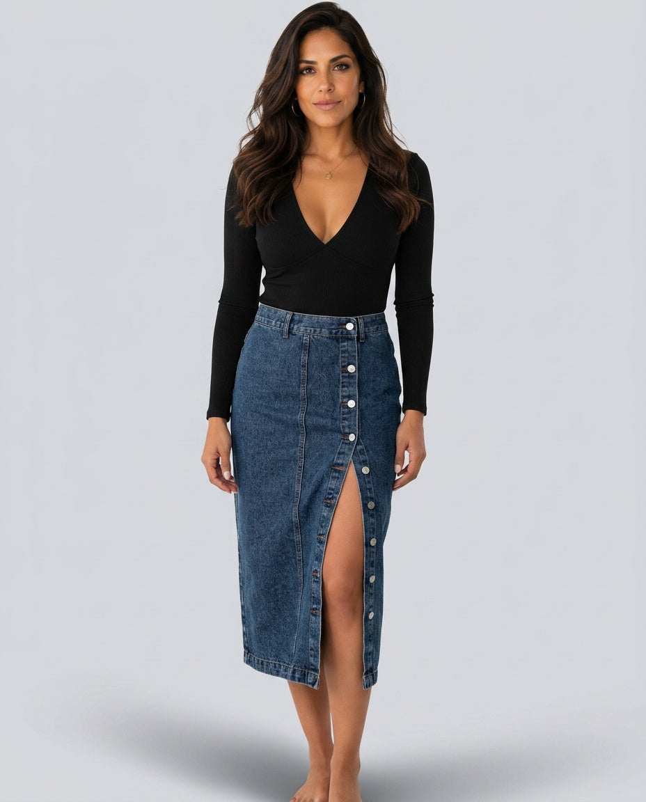 Women's Denim Skirt | Midi Length Button Front High Waist