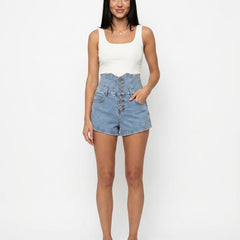 Women's Denim Shorts | Extra High Waist Button Closure Relaxed Fit