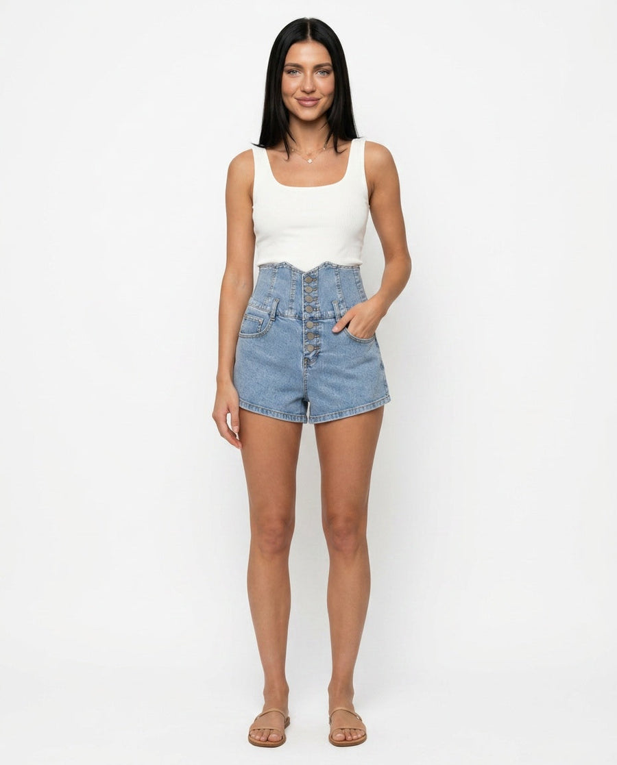 Women's Denim Shorts | Extra High Waist Button Closure Relaxed Fit