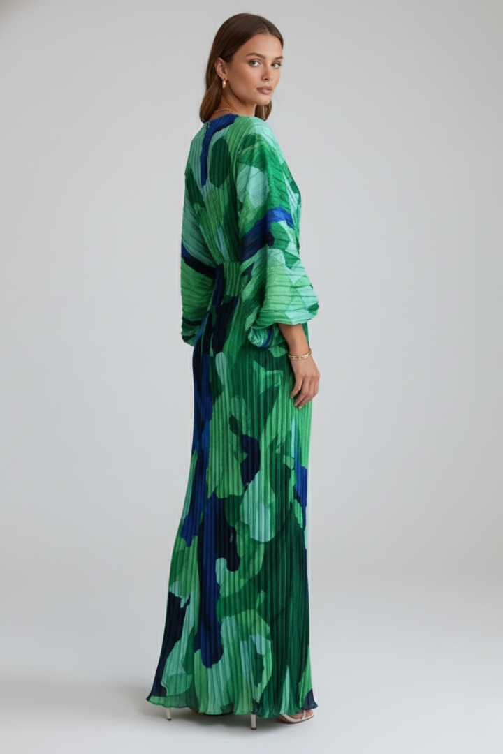 Women's Summer Dress | Maxi Length V-Neck Pleated Loose Sleeves