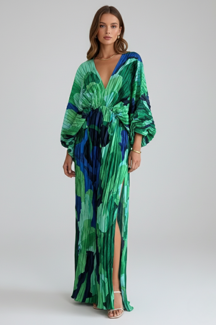 Women's Summer Dress | Maxi Length V-Neck Pleated Loose Sleeves