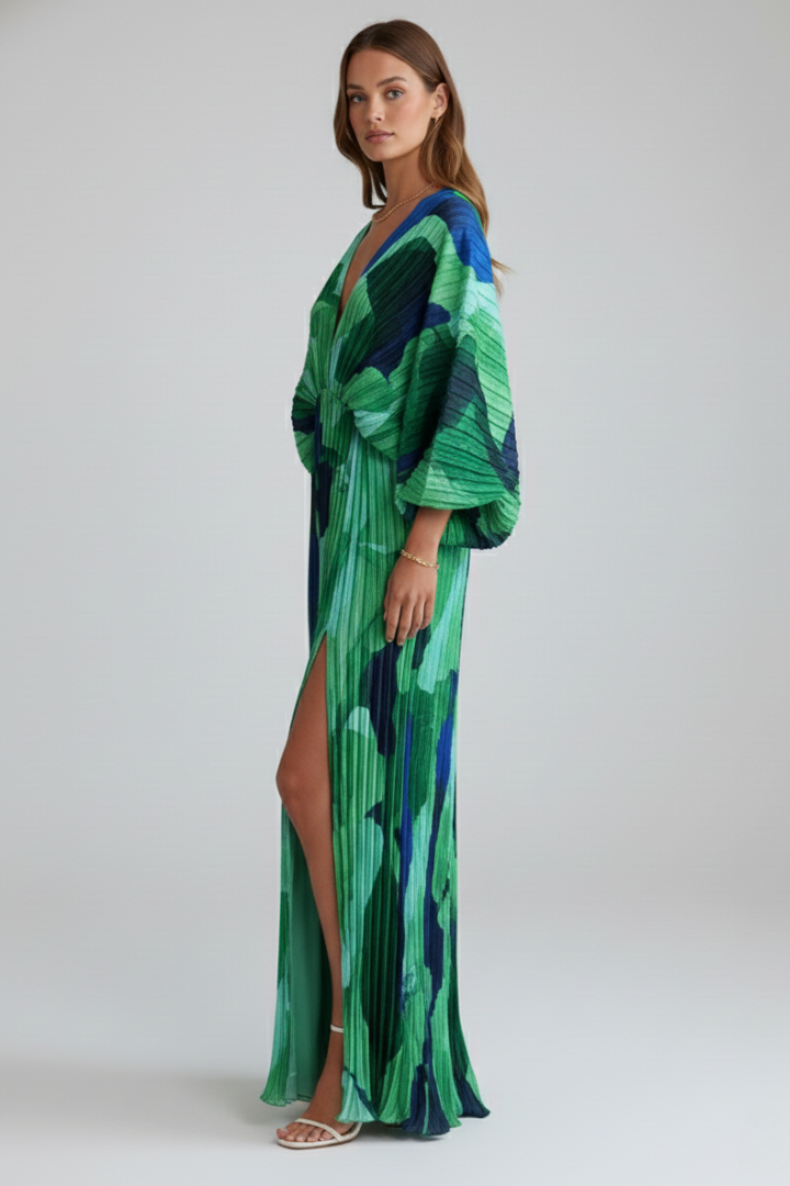 Women's Summer Dress | Maxi Length V-Neck Pleated Loose Sleeves