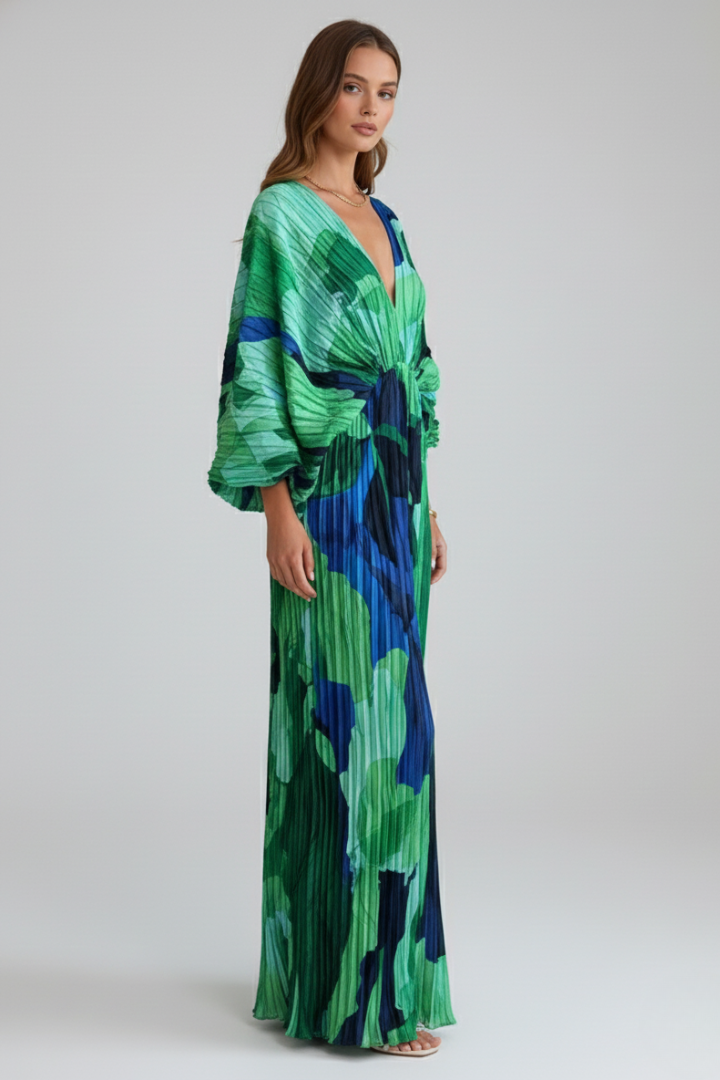 Women's Summer Dress | Maxi Length V-Neck Pleated Loose Sleeves