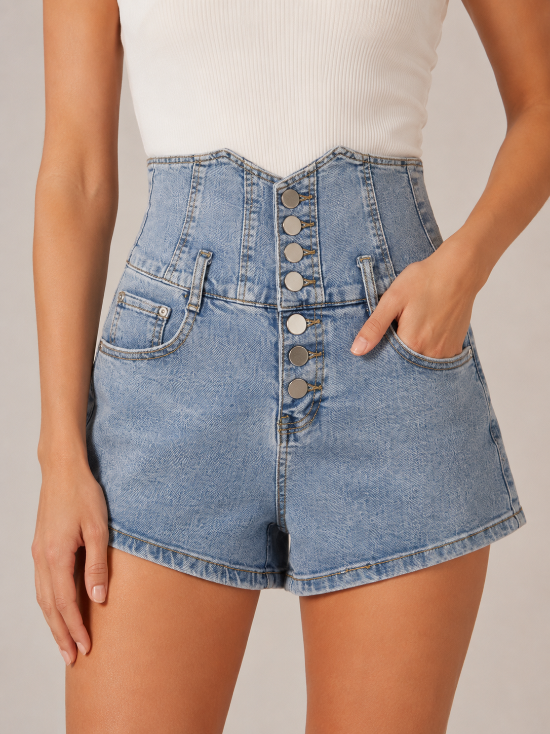 Women's Denim Shorts | Extra High Waist Button Closure Relaxed Fit