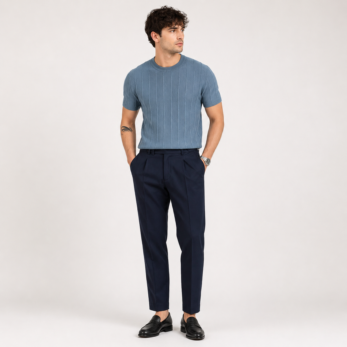 Men's Ribbed Knit Shirt | Crew Neck Short Sleeve Knit