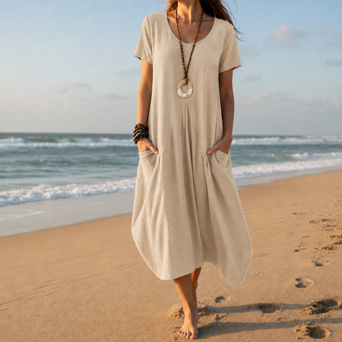 Women's Midi Dress | Short Sleeve V-Neck Relaxed Pockets