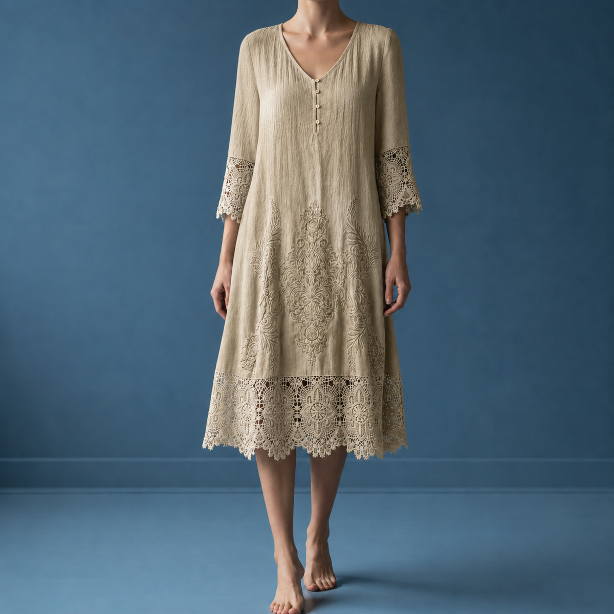 Women's Wedding Guest Dress | Midi Length V-Neck Lace Trim