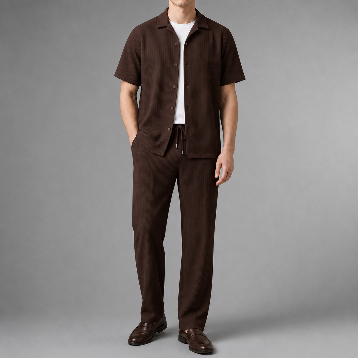 Men's Two Piece Set | Short Sleeve Button Closure Ribbed