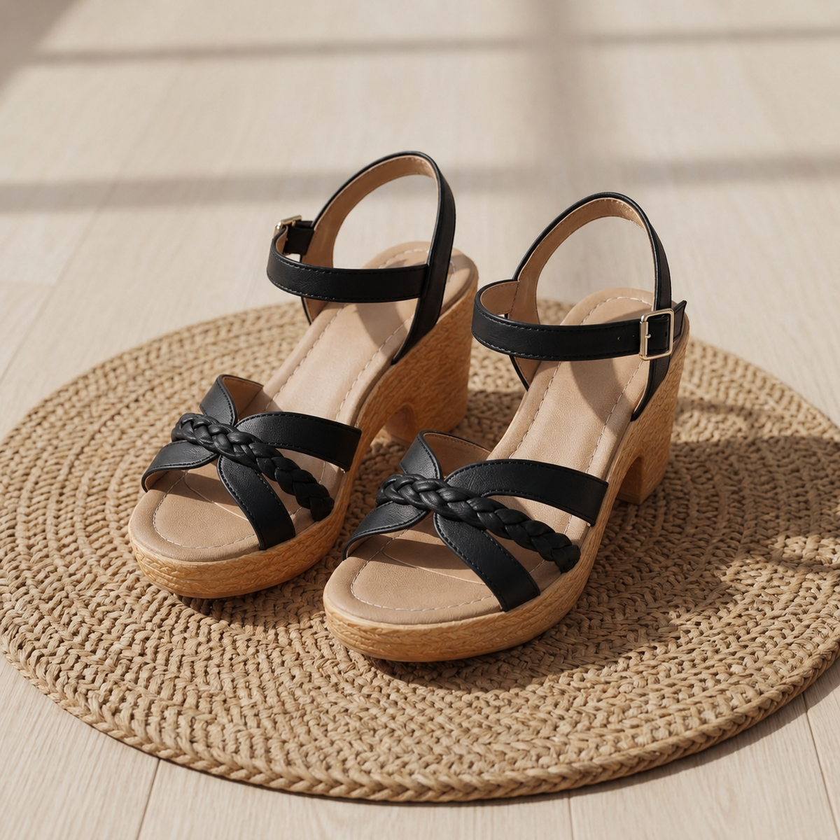 Women's Platform Sandals | Braided Straps Buckle Closure Wood Heel