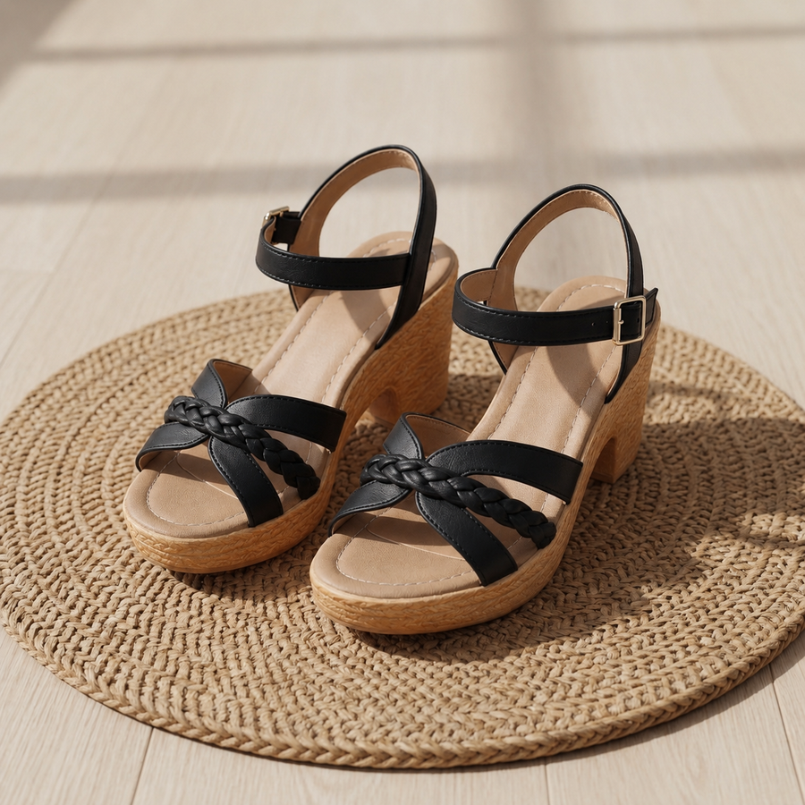 Women's Platform Sandals | Braided Straps Buckle Closure Wood Heel
